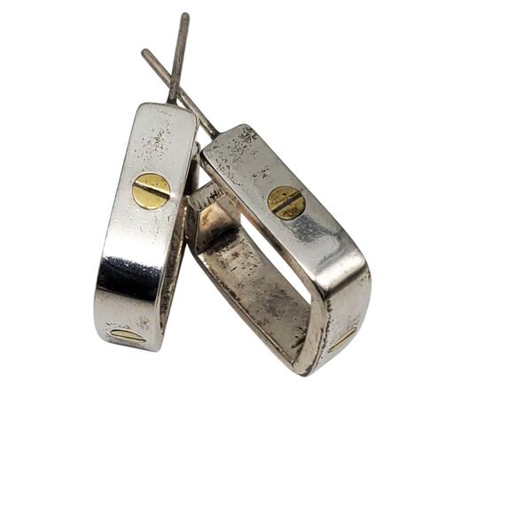 Vintage Mexican Sterling Silver Earrings Taxco 925 Hoops Modernist Brass Rivet - Picture 1 of 12